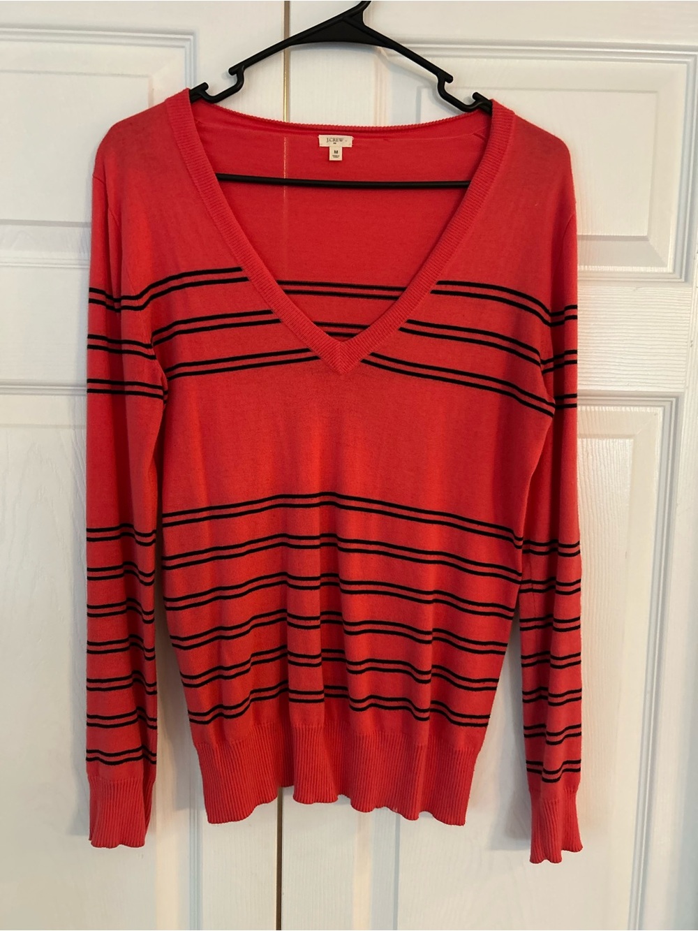 NWOT J.Crew Women’s Coral Pink Striped V-Neck Cotton Pullover Sweater Size M